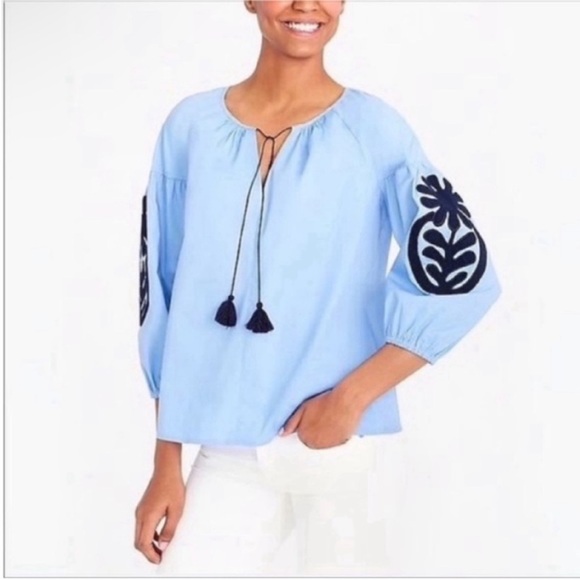 J. Crew Factory Tops - J. Crew Factory shirt blue embroidered peasant blouse tie neck